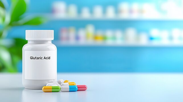 A clear bottle of Glutaric Acid capsules on a white table, creating a clean and bright pharmaceutical atmosphere.
