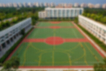 Obraz premium Blurry photo of a university building courtyard with a basketball court in front of it with a green theme and lots of trees.