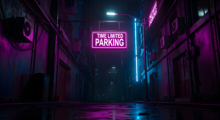Neon Lit Alleyway With Time Limited Parking Sign Under Streetlight