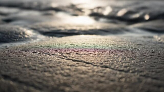 Close up video capture of gentle ocean waves softly washing over sandy beach textures with subtle