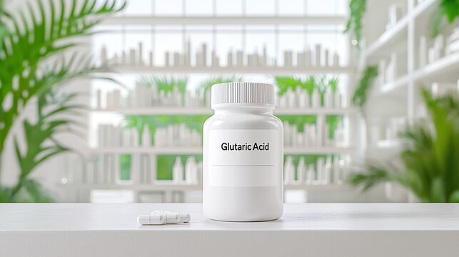 A white bottle labeled 'Glutaric Acid' sits on a sleek surface surrounded by greenery, suggesting wellness and purity.