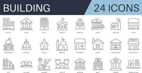 Building line icon set. Editable outline collection featuring office, hospital, mosque, mall, airport, factory, and more. Ideal for UI, maps, real estate, and smart city designs.