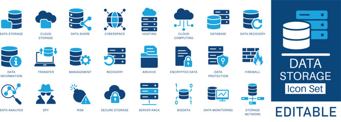 Data storage flat icon set. Including cloud computing, encrypted data, hosting, cloud storage, server racks, and monitoring. Perfect for IT dashboards, apps, websites, and cybersecurity platforms.