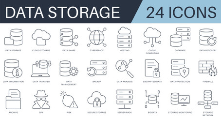 Data storage line icon set. Includes cloud computing, cybersecurity, encrypted data, server rack, backup, and monitoring. Ideal for IT, apps, websites, and SaaS systems.