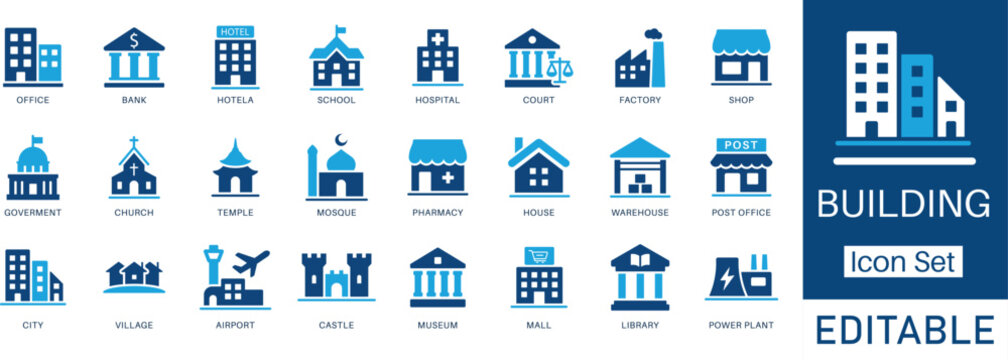Building flat icon set. Editable Collection of office, hospital, mall, mosque, airport, factory, and more. Ideal for maps, apps, real estate, and city planning.
