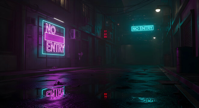 Neon Reflections Urban Nightscape With No Entry Signs Glow In The Dark