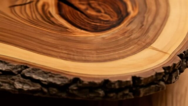 Close up detailed video showing the natural rough bark and smooth wood grain texture of a timber