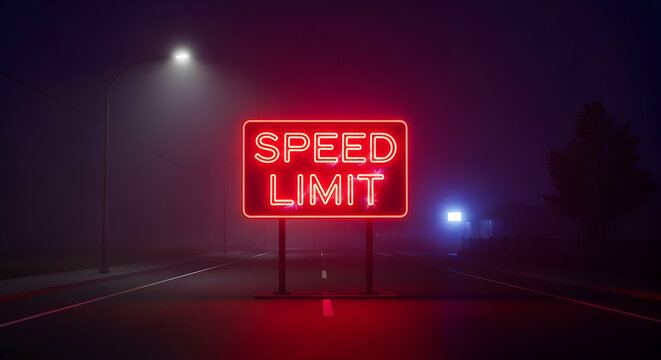 Neon Speed Limit Sign Emitting a Red Glow on a Dark and Misty Road