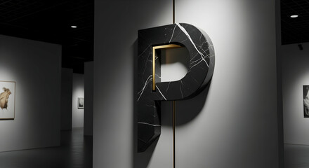 Marble Letter P Sculpture In Modern Art Gallery With Artwork Exhibits