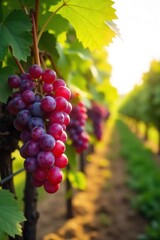 Fototapeta premium Sun-Drenched Ripe Red Grapes Hanging on Vine, Ready for Harvest in Lush Vineyard ? Evoking the Essence of Winemaking