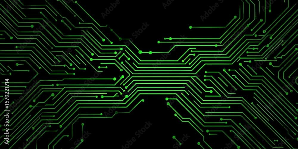 Poster a minimalist circuit pattern in green on a black background, representing advanced technology and da