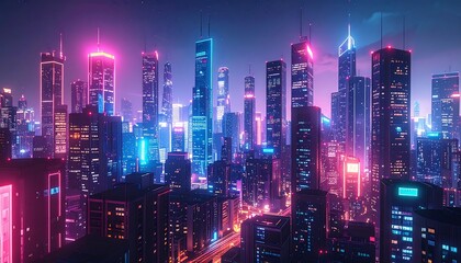 Fototapeta premium Cityscape at Night with Colorful Neon Building Lights