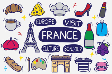 set of france doodle with color good for background, wallpaper, element design, icon, etc © angga