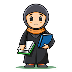 Young Muslim student in abaya with books smiling with pride  