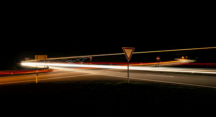 Nightscape Traffic Trails Long Exposure Of Car Lights In Dark Landscape