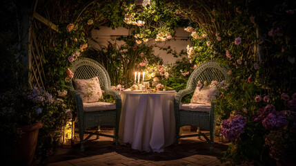 Outdoor evening table settings with candles, crystal glassware and plates, surrounded by flowers and greenery, arranged for dinner or garden entertaining