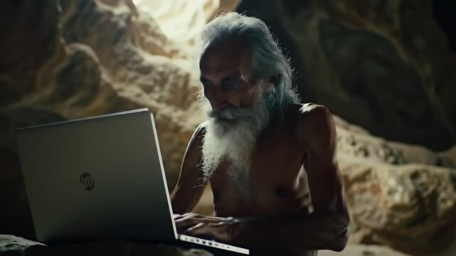 Ancient Man Using Laptop In Cave With Long White Beard Humorous Juxtaposition Of Technology And Stone Setting