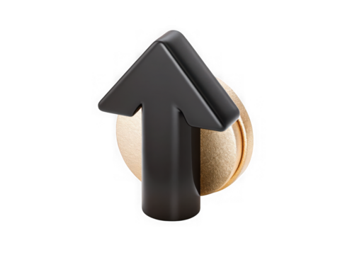 Black arrow pointing upwards in front of a textured gold coin isolated on transparent background. Close up of a black upward arrow shaped object with a blurred golden circular element