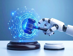 Futuristic robot hand holding a judge's gavel (1)