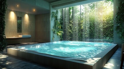 Obraz premium serene indoor spa retreat featuring a jacuzzi surrounded by lush greenery evoking tranquility and relaxation for a luxurious wellness experience