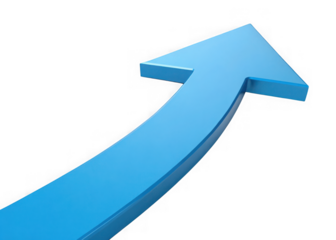 A bright blue arrow curves upwards indicating progress and success isolated on transparent background