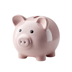 A glossy pink ceramic piggy bank with black eyes, a coin slot on top, and a rounded body.