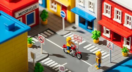 Miniature City Scene Depicting a Toy Motorcyclist Ignoring Traffic Signs