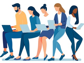 Diverse group of people seated, working on laptops.