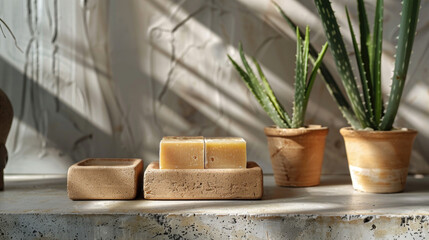 Natural Soap Display with Plants and Sunlight Shadows