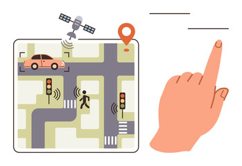 Satellite tracking a car over city map with streets, traffic lights, and pedestrian hand interacting. Ideal for GPS, transportation, urban planning, technology, safety navigation innovation. Simple