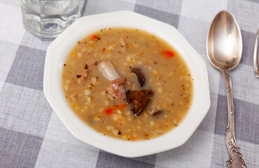 Hearty homemade soup with mushroom, pork, vegetables and pearl barley
