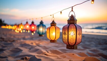 Colorful Lanterns String Lights Decorating Sandy Beach at Sunset