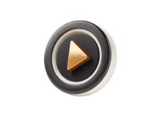 Modern golden play button icon with textured metallic ring isolated on transparent background