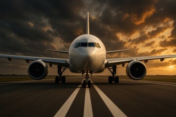Naklejka premium Airport Departure: Commercial Aircraft Preparing for Takeoff with Professional Aviation Excellence