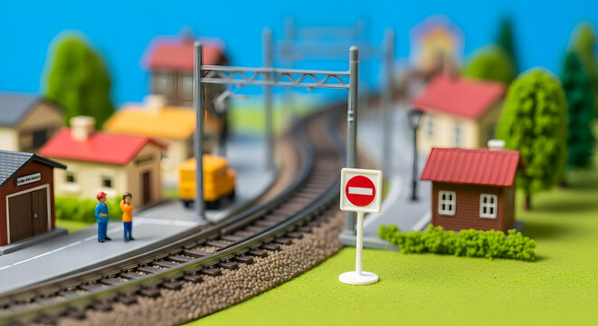 Miniature Village Scene With Railroad Tracks And People Figures Hobby Concept - Powered by Adobe
