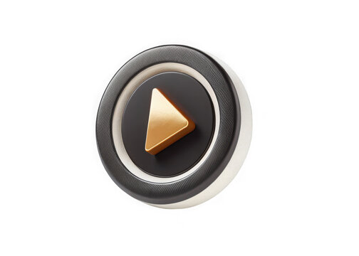 Modern golden play button icon with textured metallic ring isolated on transparent background
