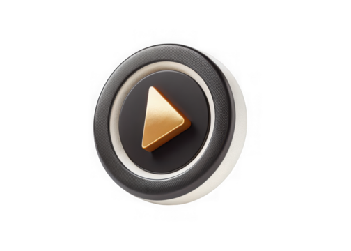 Modern golden play button icon with textured metallic ring isolated on transparent background - Powered by Adobe