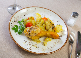 Stewed piece of chicken, potato and chopped carrot with sauce served in a plate