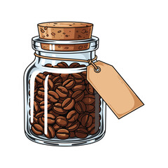 Hand-drawn Coffee Beans in Glass Jar with Cork Lid and Tag Vector Illustration