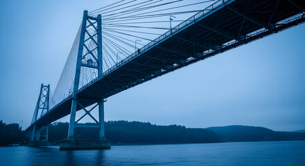 Obraz premium Imposing Cable Stayed Bridge Structure Over Calm Waters at Twilight Scenery