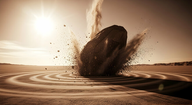 Impact In The Desert Landscape Showing Waves Of Energy And Rock Splinter