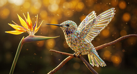 Crystal hummingbird approaching bird of paradise flower
