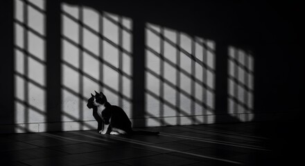 Black Cat Silhouette with Window Shadow - Dramatic Light and Shadow Play