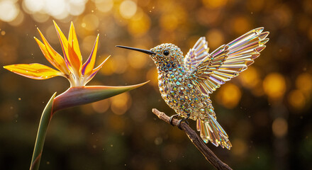 Crystal hummingbird approaching bird of paradise flower