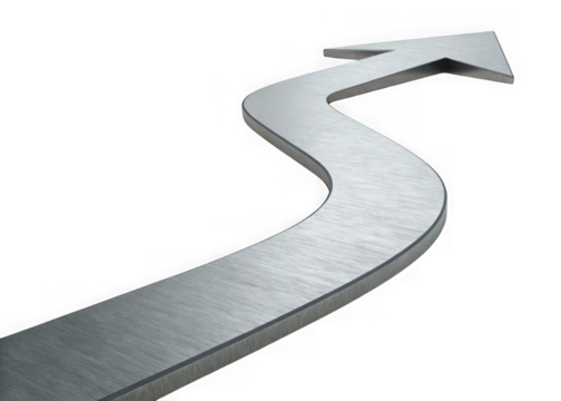 Metallic s shaped arrow pointing upwards indicating progress and success isolated on transparent background