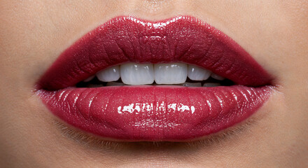 Glossy red lips and white teeth