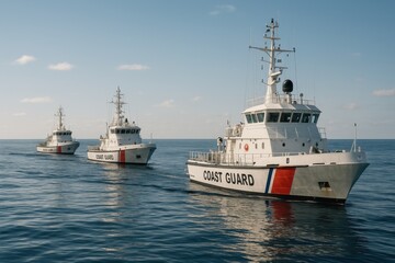 Coast guard patrol vessels ensuring maritime safety and security in peaceful ocean waters