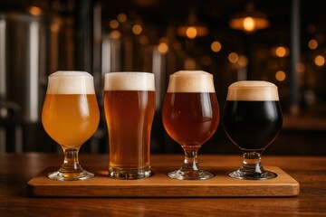 Craft beer tasting flight with artisanal brews in elegant glassware on rustic wooden board