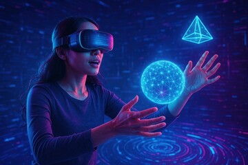 Naklejka premium Immersive Virtual Reality Experience: Woman Exploring Digital Worlds Through Advanced VR Technology
