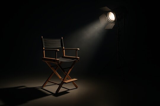 Creative casting session with director's chair spotlighted in professional audition studio environment